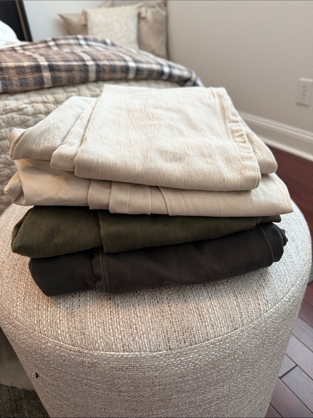 J. Crew Chino Pants Stack in Cream, Olive, and Dark Charcoal